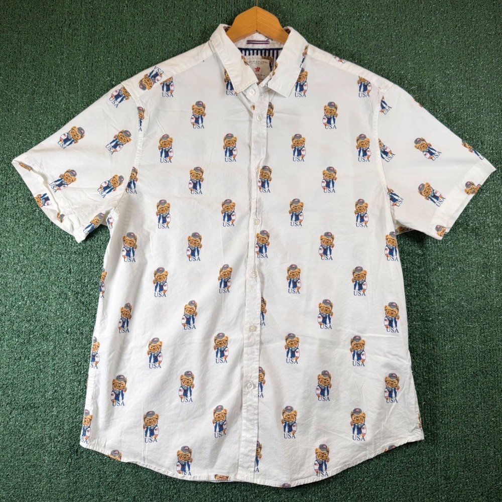 Denim & Flower Button Down Mens XL White Good USA Bear Print Short Sleeve Shirt